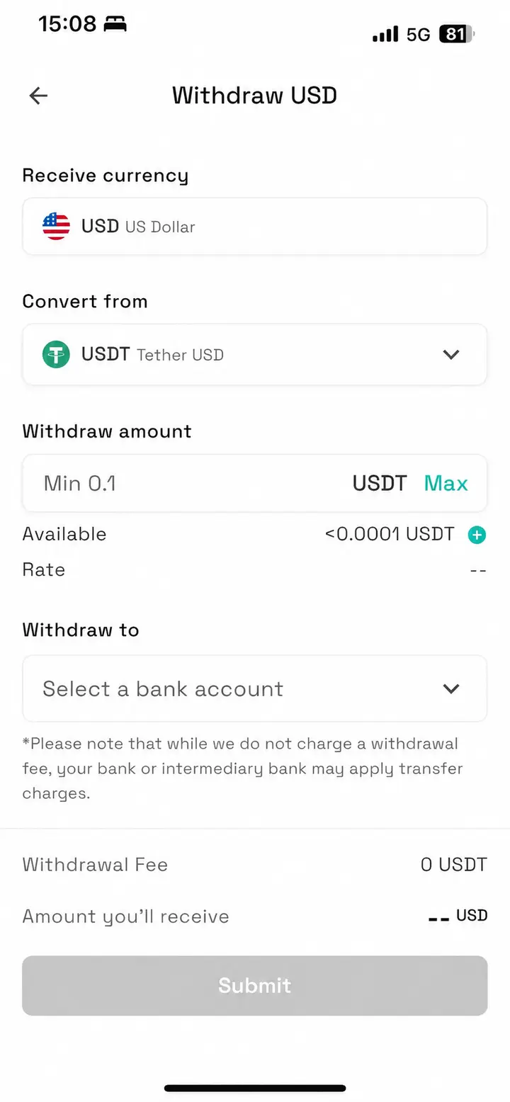 Aura fiat withdrawal screen with bank account and amount controls
