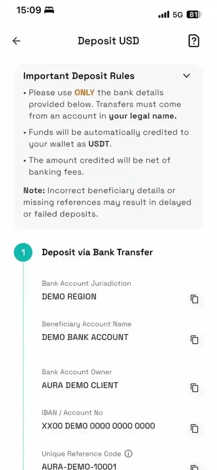 Aura fiat deposit instructions with demonstration bank details